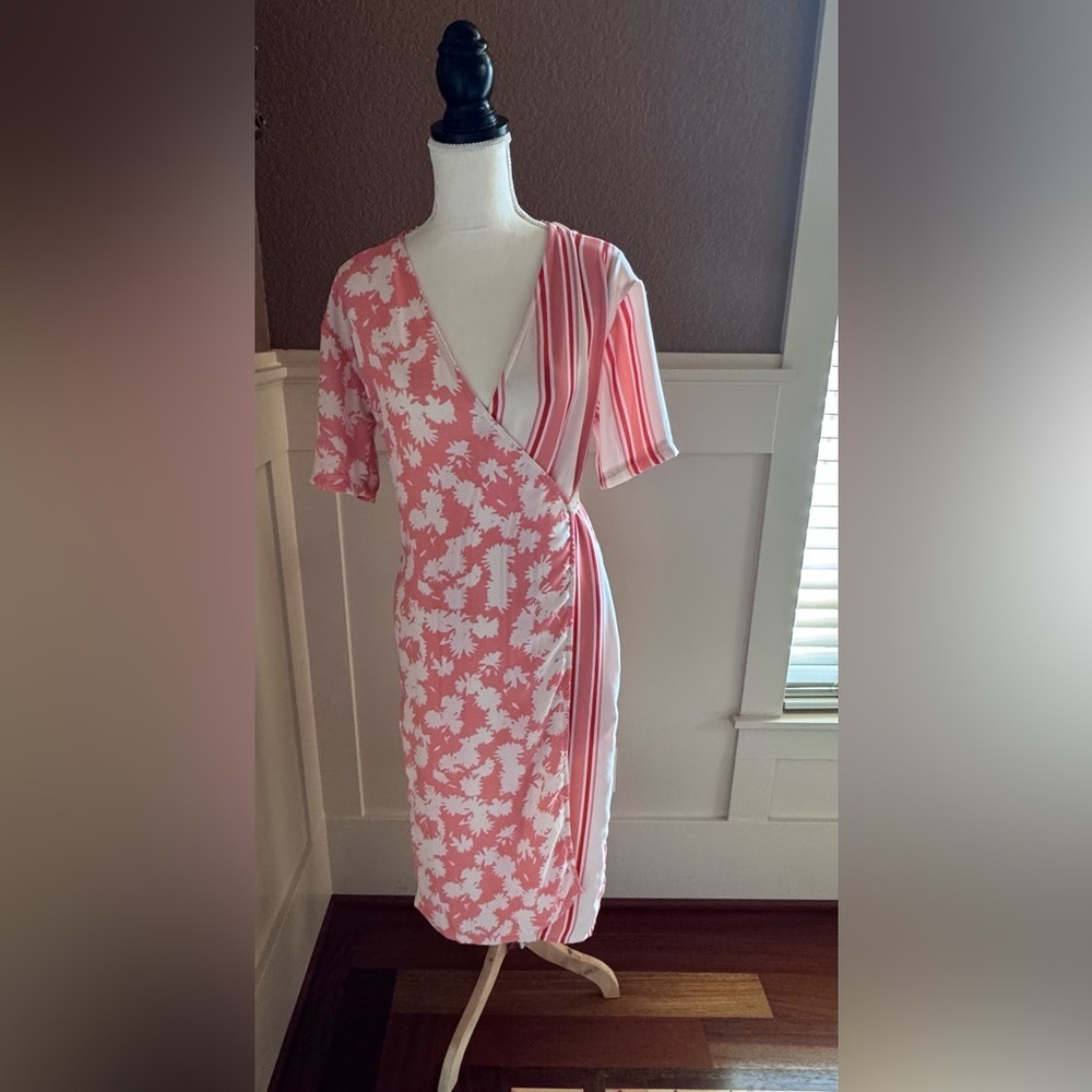 Floral & Stripe Orange and White Wrap Midi Dress